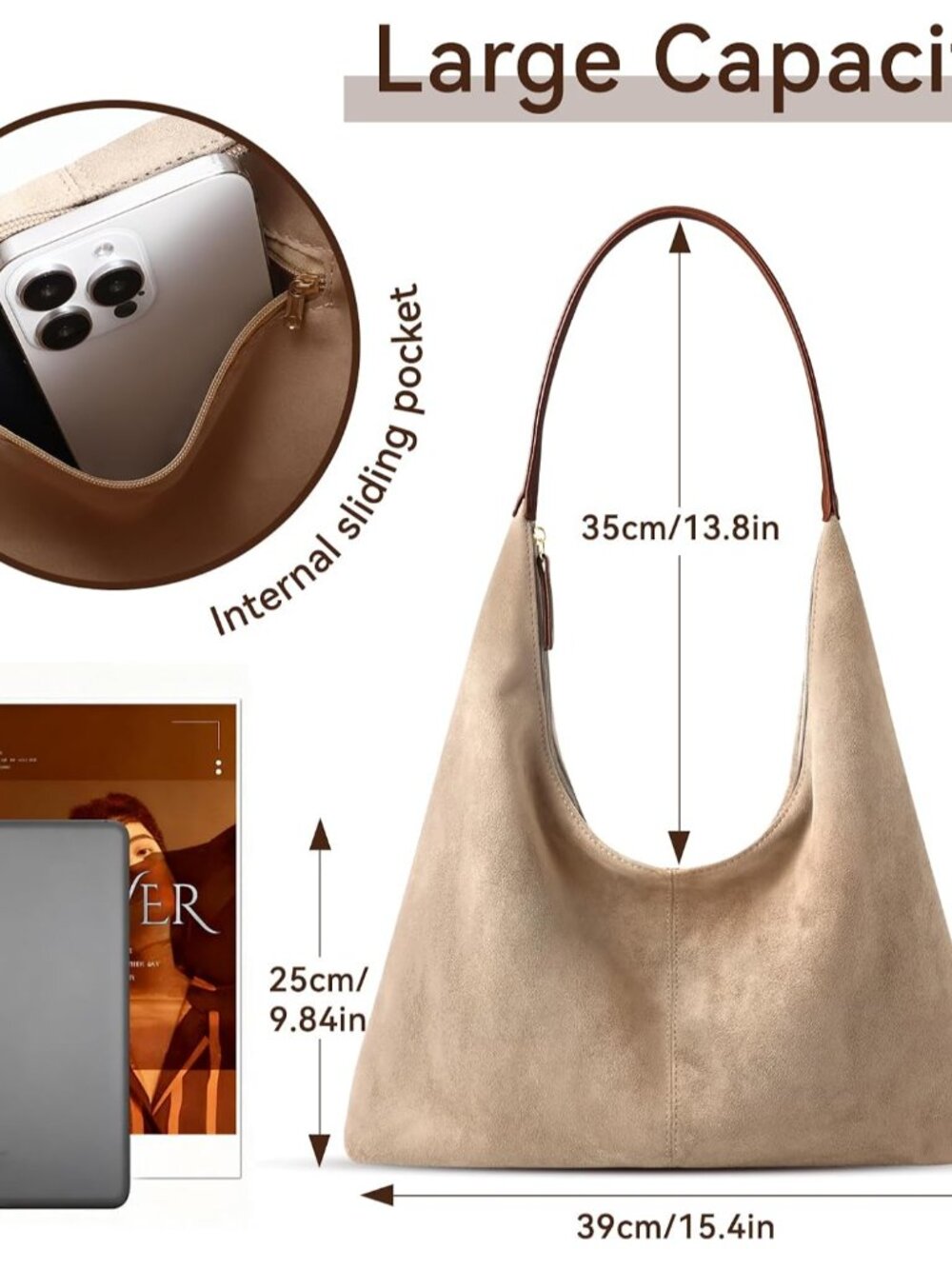 Suede Shoulder Bag for Women Suede Purse Boho Bags Slouchy Tote Bag Satchels Tre - Picture 6 of 8